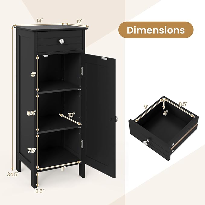 GLACER Floor Storage Cabinet, Multifunctional Bathroom Storage Cabinet with 2 Adjustable Shelves, Ideal for Bathroom, Living Room, 14 x 12 x 34.5 inches (Black)