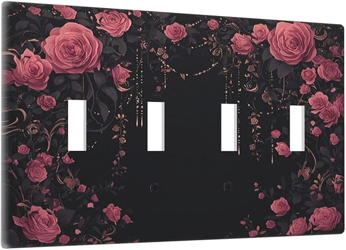 Light Switch Covers Dark Background Red Rose Leaf Quad Toggle Electrical Faceplate 4 Gang Wall Plate Decorative Switch Plates for Bedroom living Room Decor