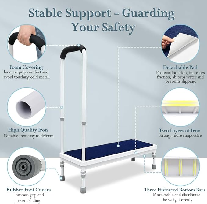 Medical Step Stool with Handle Bed Steps for High Beds for Adults Elderly 3-in-1 Safety Bed Handle Bedside Assist Handicap Wide Foot Step Stool for Bedroom, Bathtub, Car (31.5" Stool)