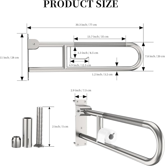 Toilet Grab Bar 30.3 Inch, YuanDe Brushed Nickel Anti-Slip Support Rail, U Shaped Flip-Up Grab Bar with Paper Holder, Stainless Steel Knurled Handicap Safety Handrails for Disabled Elderly Pregnant