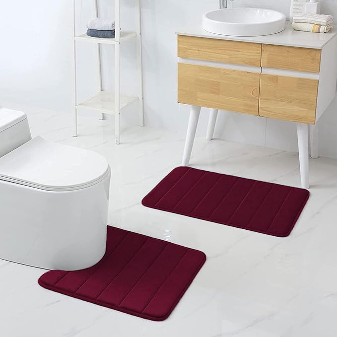 Buganda Memory Foam U-Shaped Contour Toilet Rugs, Non Slip Absorbent, Thick Soft Washable Bathroom Mat, Floor Carpet Bath Rugs Mat for Toilet Base (24" x 24", Burgundy)