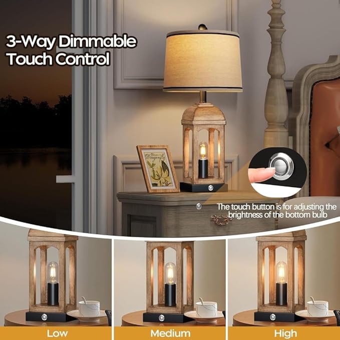 26" Rustic Set of 2 Bedside Lamps, Nightstand Lamp with 3-Way Dimmable Touch Control, Farmhouse Lamps with USB A+C and Nightlight for Living Room Bedroom