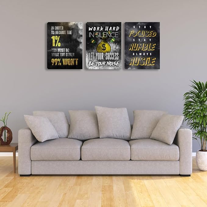 Inspirational Wall Art Motivational Wall Art 3 Pieces Canvas Wall Art Office Decor Hustle Quotes Poster Painting Print Artwork Framed for Bedroom Living Room Gym(72''Wx 36''H)