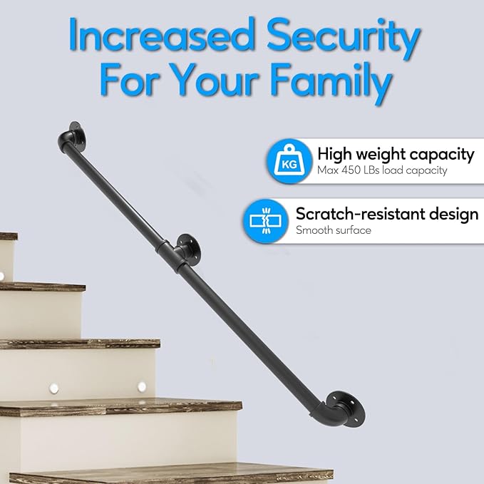 Pipe Stair Handrail, 3 Ft Metal Staircase Handrail, Black Galvanized Industrial Iron Hand Rail for Indoor & Outdoor Wall Mount Support, Wall Hand Railing,Safety Handle, Steps Baluster(HR01)