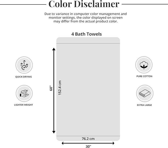Tens Towels Pack of 4 Extra Large Bath Towels 30 x 60 Inches, 100% Cotton, Larger & Lighter Weight, Quicker to Dry, Super Soft and Absorbent, Perfect for Bathroom, Blue