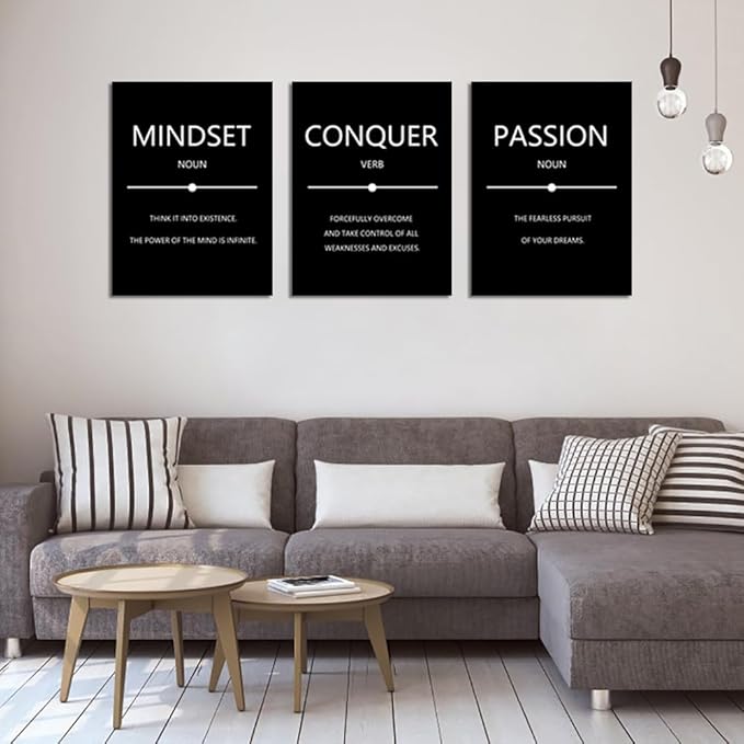 Unbruvo Motivational Wall Decor for Office, 3 Pieces Inspirational Canvas Wall Art, Mindset Passion Conquer Canvas Poster, Positive Quotes for Entrepreneur Meeting Room Lobby Bedroom(72''Wx 36''H)