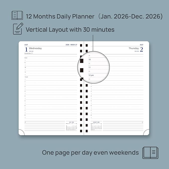 POPRUN 2026 Daily Planner One Page per Day (Medium 6'' x 8.5'') - 12 Months Calendar Appointment Book with Hourly Slots, Inner Pocket, Monthly Tabs, Pen Holder - Midnight Green