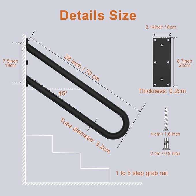 28 Inch Stainless Steel Handrail for 1-5 Steps - 1.25" Tube,ZUEXT U Shaped Oil Rubbed Black Safety Grab Bar for Stairs,Wall Mounted Hand Railing for Outdoor Garage Entry Interior Exterior Stairway