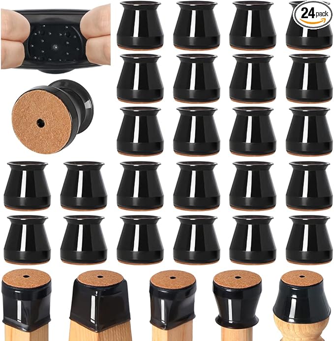 24 Pcs Chair Leg Floor Protectors for Hardwood Floors Silicone Covers to Protect Wood Tile Floors Felt Bottom Furniture Leg Caps Anti-Scratch Reduce Noise (Fit:0.9"-1.29")