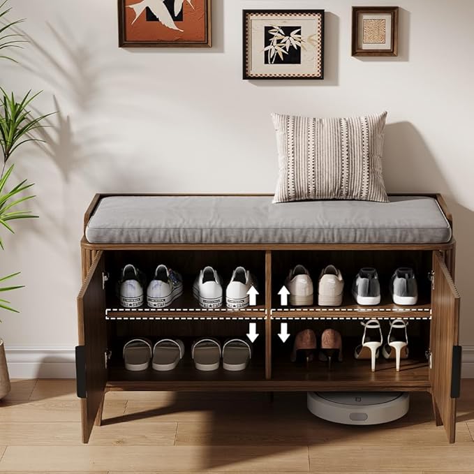 39.4" Fluted Shoe Cabinet Storage with Bench, 2-Tier Entryway Bench with Adjustable Shelves and Detachable Cushioned Seat, Shoe Organizer Bench Cabinet for Entryway, Living Room, Hallway Walnut