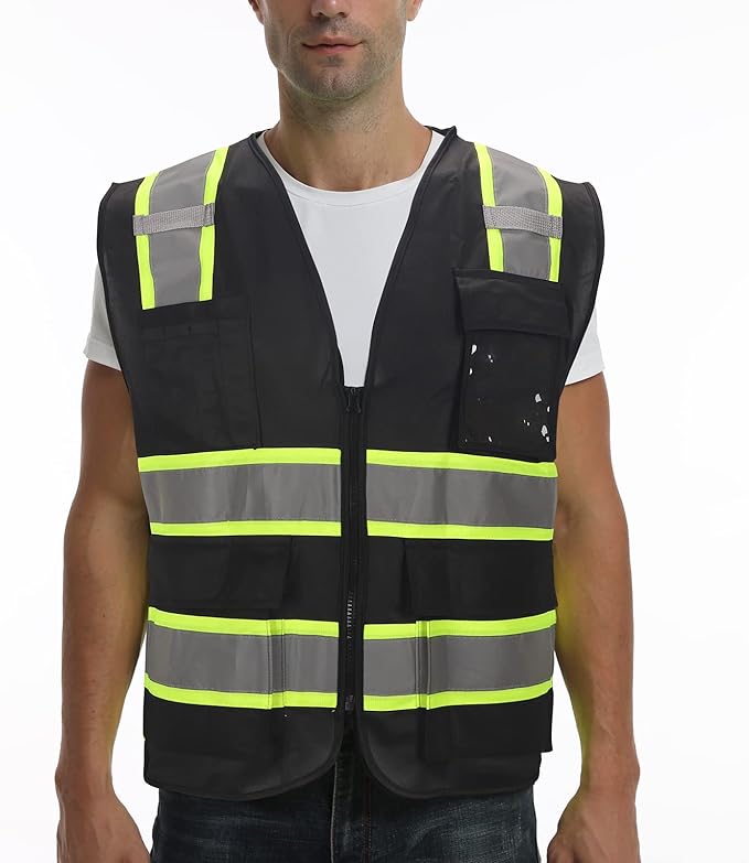 9 Pocket Hi Vis Safety Vest with Reflective Strips, Zipper Construction Work Vest for Men & Women, Black, 5XL