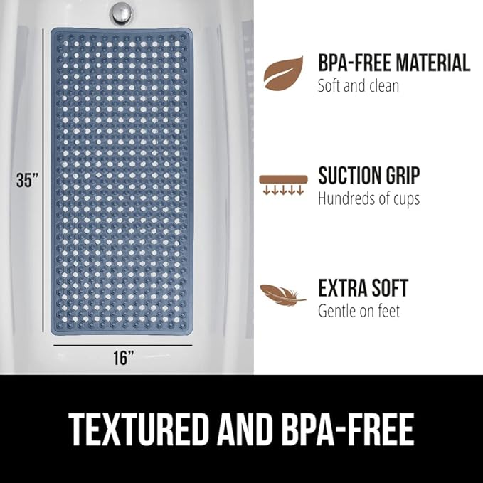 GORILLA GRIP Patented Bath Tub Shower Mat, Machine Washable Bathtub Floor Liner Mats, Suction Cups and Drain Holes to Keep Tubs Clean, Soft on Feet, Bathroom Essentials, 35x16 Inch, Clear Navy