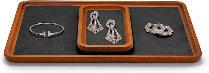 Oirlv Solid Wood Jewelry Display Tray Small Jewelry Tray Rings Earrings Bracelets Necklace Holder Organizer(Rectangle, Grey)