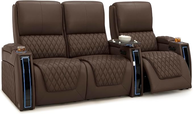 Seatcraft Apex Zero-Gravity CoolZero Italian Leather Home Theater Seating, Powered Headrest, Powered Lumbar, Powered Recline, Row of 3 Left Loveseat, Brown