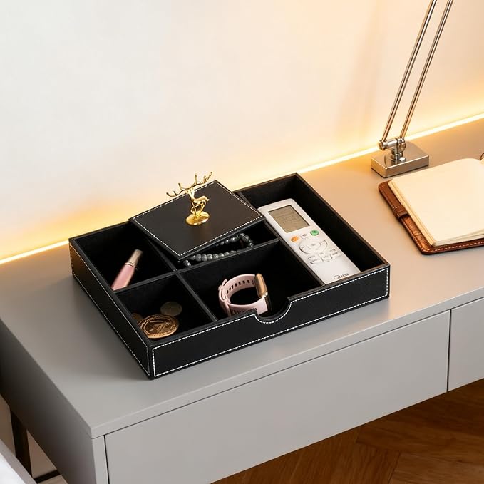 Jewelry Trays Nightstand Organizer, Valet Tray for Men and Women, Tray Organizer, Dressing table Storage box, Dark Brown Faux Leather, 5 Compartment