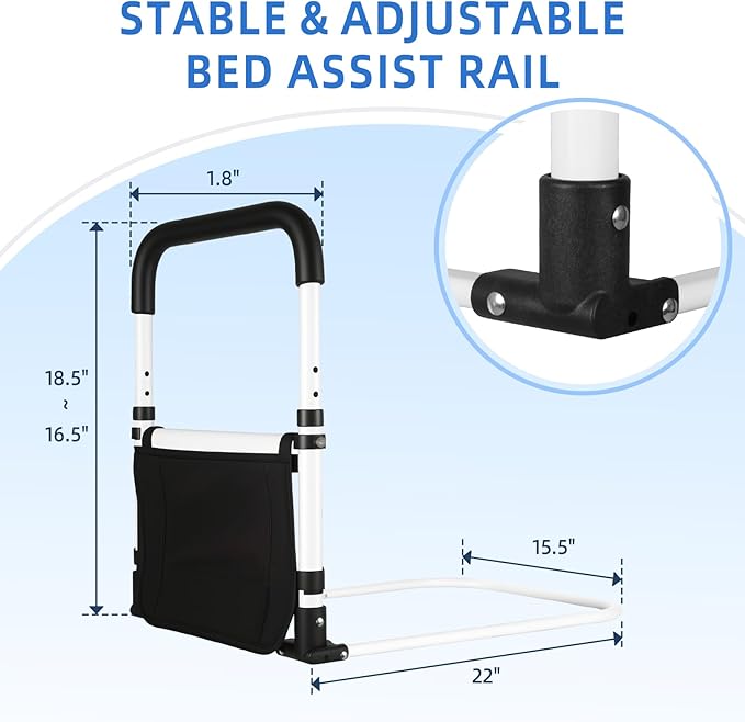 Bed Rail for Elderly Adults Safety, 90° Foldable Bed Assist Bar with Adjustable Height, Flat Base Fits Under Mattress, 300 lbs Capacity Bedside Support Handle for Seniors