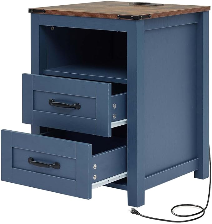 Blue Night Stand, Rustic End Table with Charging Station, Farmhouse Tall Nightstand for Bedroom, Drawer Dresser Bedside Table with Open Storage Shelf