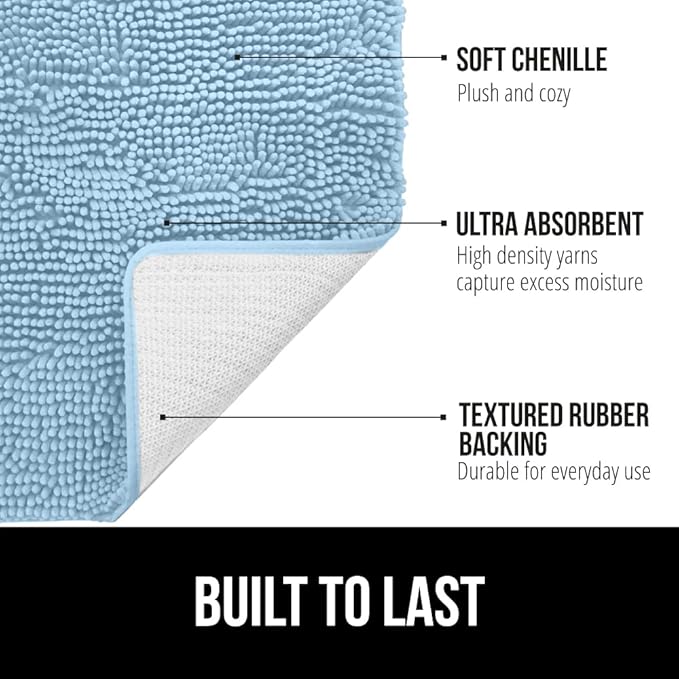 GORILLA GRIP Bath Rug Mat 44x26, Thick Soft Absorbent Chenille, Quick Dry Microfiber Mats, Rubber Backing Washable Shower Floor Rugs, Bathmat Runner, US Designed Bathroom Home Decor Accessories Sky