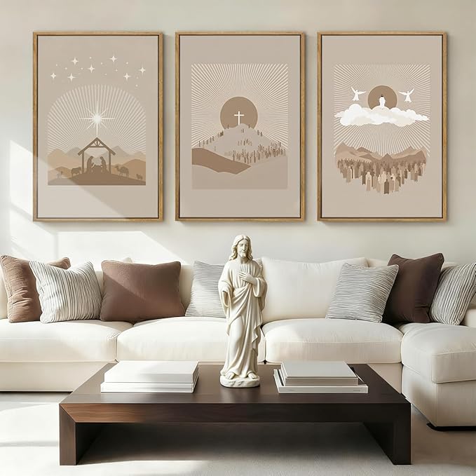 IARTTOP Extra Large Jesus Framed Wall Art 24x36 Inch Set of 3 Brown Nativity Christian Canvas Wall Decor Grey Bible Verse Artwork for Church Living room Bedroom