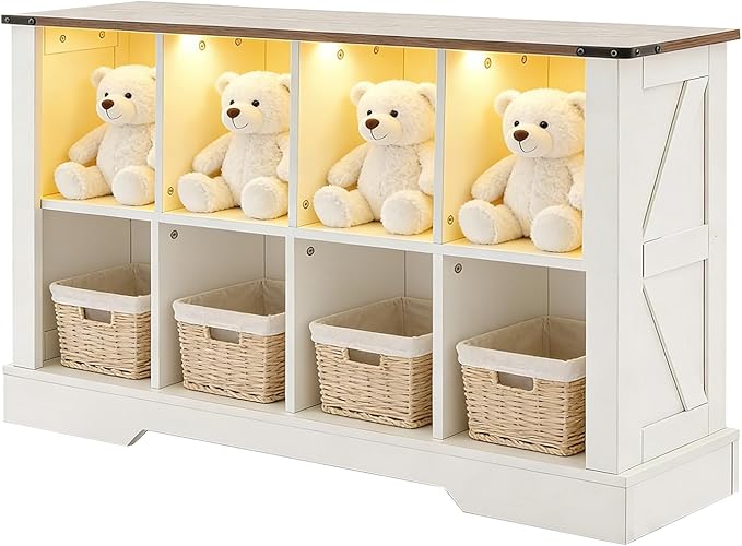 8 Cube Bookcase, Wooden Cube Storage Organizer Shelf, White Horizontal Book Shelf with LED Lights, Freestanding Display Cabinet for Living Room, Hallway TV Stand for Entryway