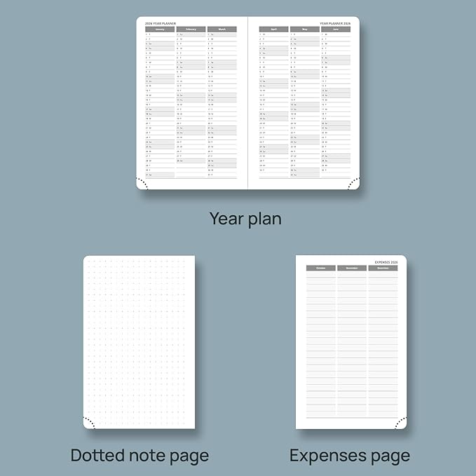 POPRUN 2026 Weekly & Monthly Planner Calendar,Pocket 4'' x 6.25'', Horizontal Layout with Lined Sections, Jan. 2026 - Dec. 2026, Leather Hardcover, 100GSM Paper, Inner Pocket - Pacific Green