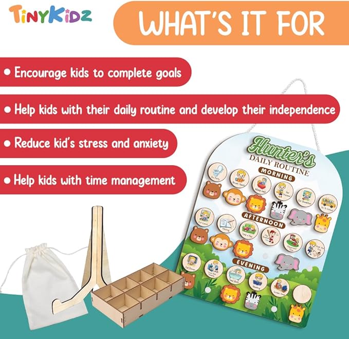 Wooden Daily Routine Chart for Todder, Visual Schedule Woodland Reward Chart, Daily Responsibilities Board for Kids, Personalized Chore Chart for Kids