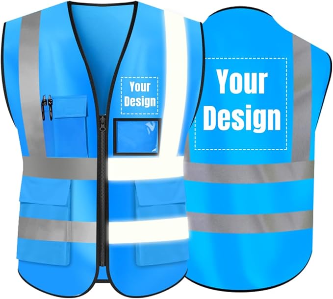 YOWESHOP High Visibility Safety Vest Custom Your Logo Protective Workwear 5 Pockets With Reflective Strips Outdoor Work Vest (Blue (S))