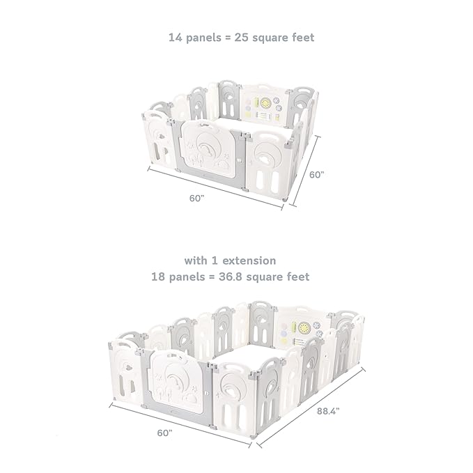 Fortella Cloud Castle Foldable Playpen, Baby Safety Play Yard with Whiteboard and Activity Wall, Indoors or Outdoors (Gray 4-Panel Extension)