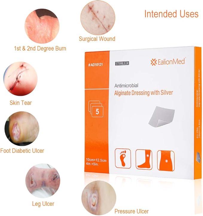 Silver Calcium Alginate Wound Dressing Pad, 4’’x5’’ Patch, High Absorbency Non-Stick Ag Gauze for Pressure Ulcer,Bed Sore,Leg Sore,Diabetic Foot Ulcer, 5 Packs