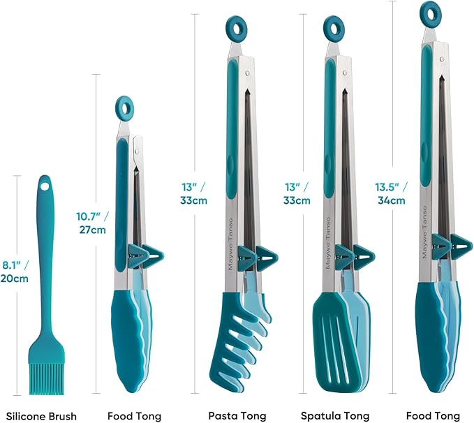 5-Pack Silicone Tongs for Cooking,Maywe Tanso 4PCS 13-Inch Kitchen Tongs with Silicone Tips,Nonstick Stainless Steel Tong for Steak Pie Pizza Pasta Spaghetti Salad BBQ Buffet,Plus Brush