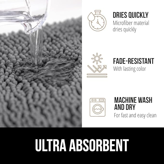 GORILLA GRIP Area Rug Sets 3 Piece, Bath Mat Set and Oval Toilet Base with Rubber Backing, Plush Absorbent Shaggy Chenille Washable Mats, Includes 24x19.5, 24x17 and 30x20 Inch Rugs, Grey