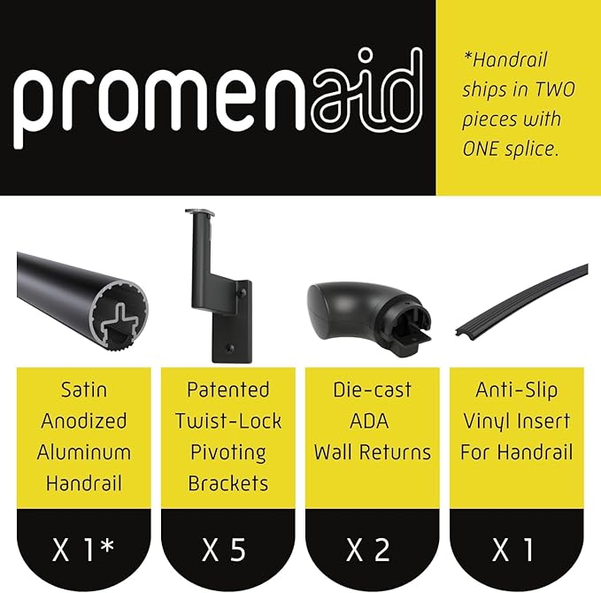 Promenaid 16ft ADA Handrail Kit - Black - Complete Indoor/Outdoor Handrail for Stairs - 1.6" Round Anodized Aluminum Railing with 7 Satin Black Painted Pivoting Brackets & ADA Wall Returns
