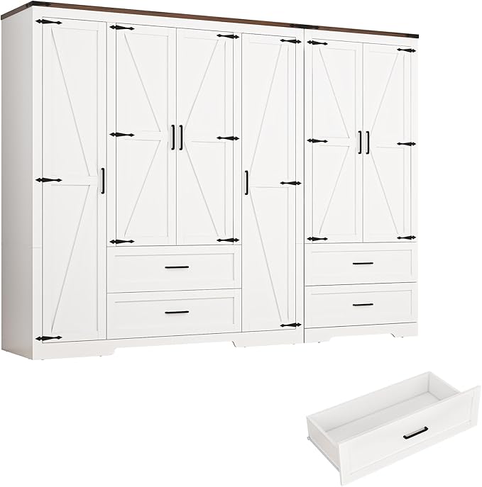 6 Doors Wardrobe Armoire Closet with Doors and Drawers, Farmhouse Wooden Armoire Storage Cabinet with Shelves for Bedroom, White