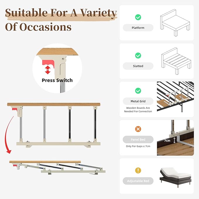 Bed Rails for Elderly Adults Safety, Folding Bedside Assist Rail Handle, Collapsible Bed Fence Preventing Falling for King, Queen, Full, Twin (Wood Color)