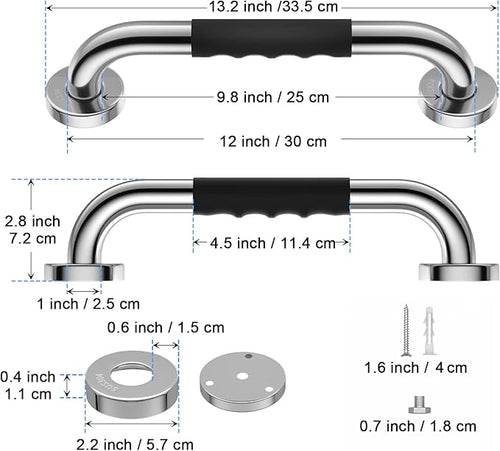 12 Inch Anti-Slip Shower Grab Bars w/Rubber Grip - 1" Diameter, iMomwee Chrome SUS304 Stainless Steel Bathroom Grab Bar Handle, Safety Balance Handrail for Wall, Handicap Elderly Assist Bath Handle
