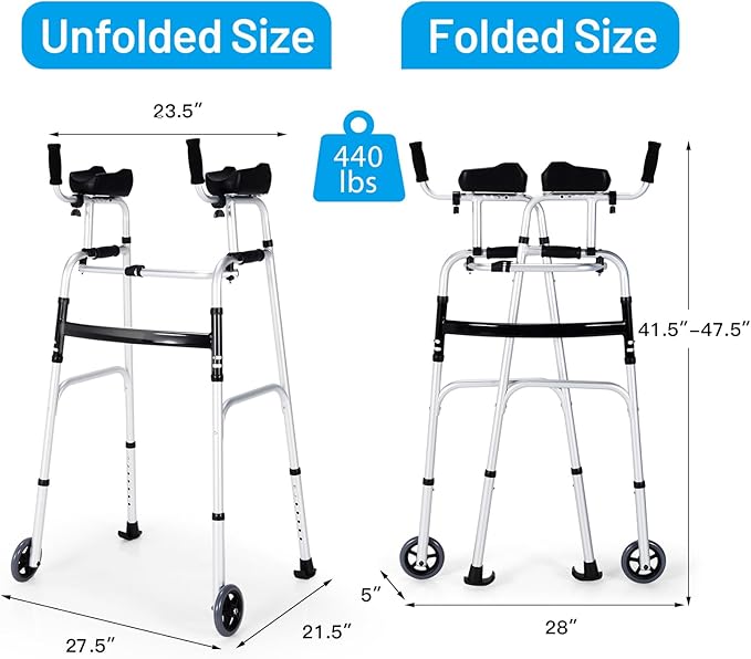 Goplus Walkers for Seniors, Foldable Standard Walker with 5’’ Wheels and Removable Padded Armrests 440lbs, Lightweight Walking Mobility Aid, Folding Platform Walker for Elderly, Handicap, Disabled