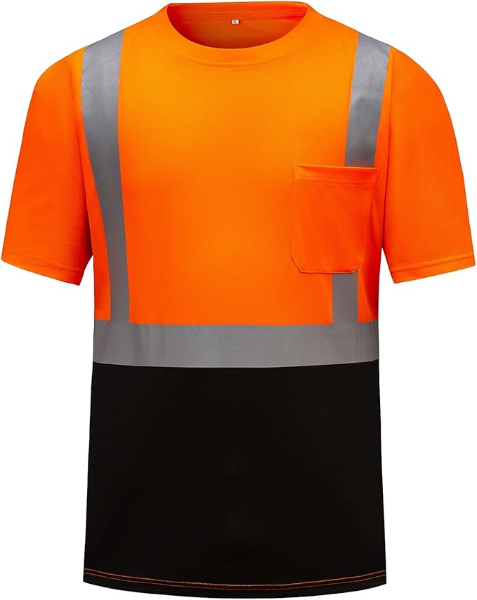 High Visibility Shirts Quick Dry Safety T Shirts with Reflective Strips and Pocket Short Sleeve Mesh Hi Vis Construction Work Class 2 Shirt for Men/Women Black Bottom Orange,4XL