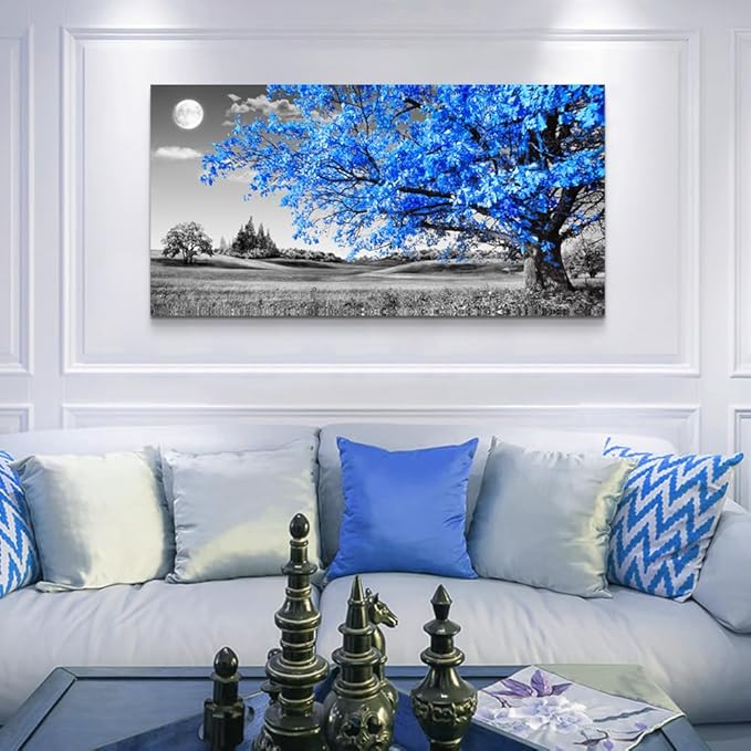 Lapremoly Canvas Prints Wall Art For Living Room Large Wall Decor For Bedroom Blue Tree Landscape Abstract Painting Office Wall Decoration Black and White Picture Modern Ready To Hang Home Wall Art