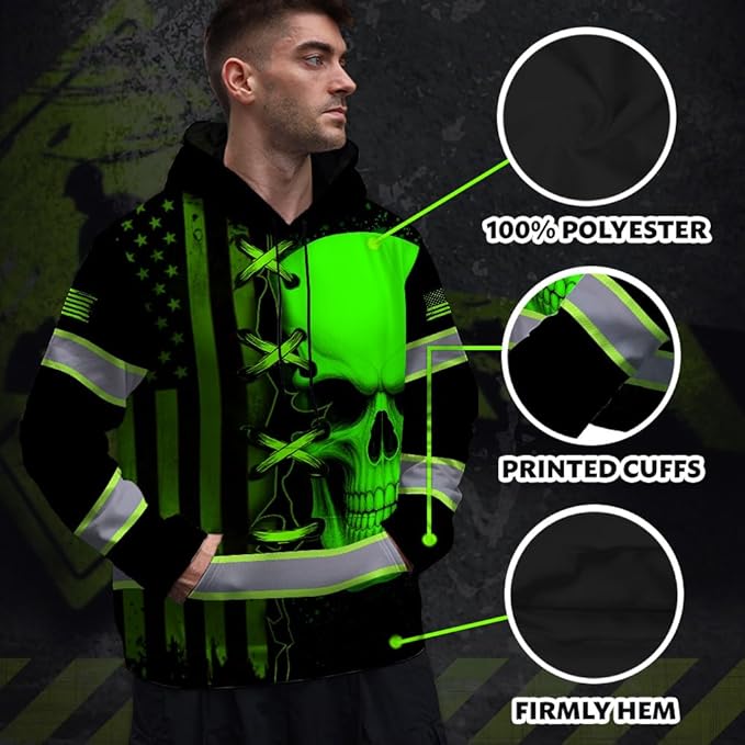 Matedecor Skull US Flag Reflective High Visibility Hoodie For Men Construction Hi Vis Safety Workwear Custom Name
