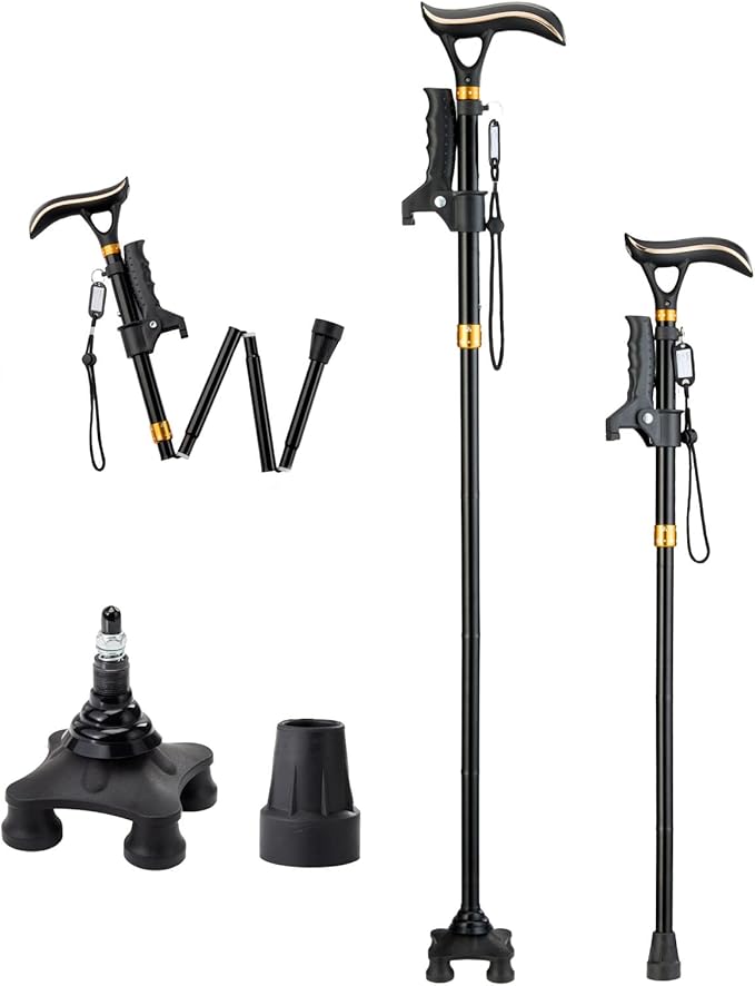 Walking Cane Folding Collapsible Adjustable Stability Balance Aluminum with Light Alarm for Seniors Women Men Black