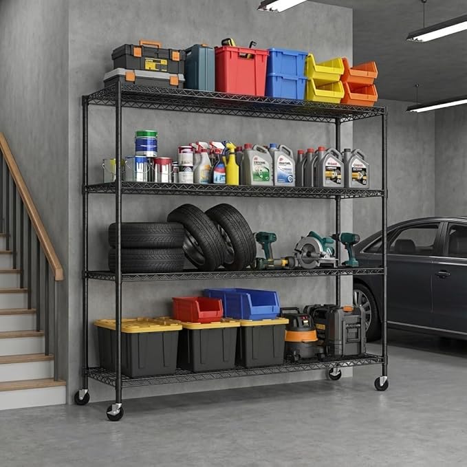 REIBII 75.6" H Storage Shelves Metal Shelving Unit with Wheels 55''W Garage Shelving Heavy Duty Wire Shelves for Storage Rack Adjustable Pantry Shelf Commercial Shelving, 75.6" H X 55.5''W X 24" D