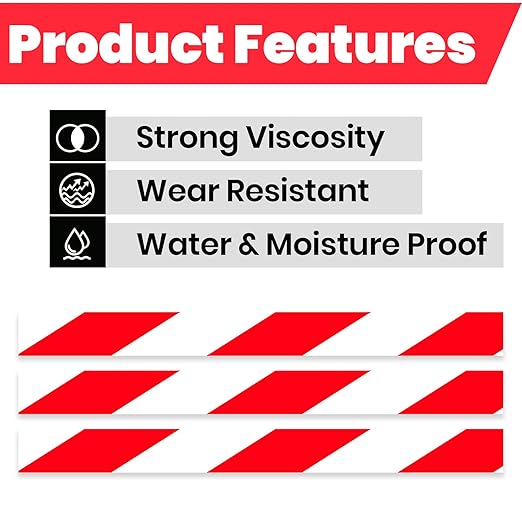 ADHES Red & White Hazard Warning Safety Tape, 2 Inch x 35 Yards x 2 Rolls High Visibility Wear Resistant Floor Marking Caution Tape for Indoor & Outdoor, Gym, Factory, Parking, School and More