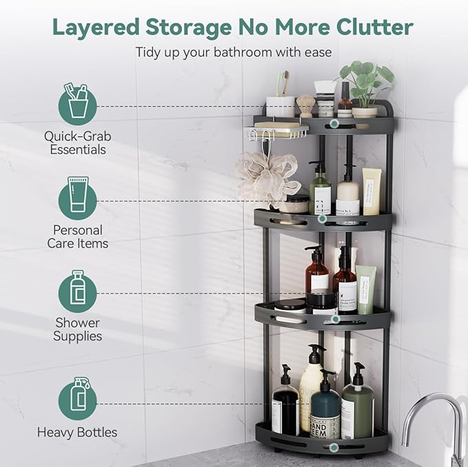 Corner Shower Caddy Stand, 4 Tier Standing Shower Organizer with Soap Holder, Rustproof Shower Shelves for Bathroom Shampoo Storage, Grey
