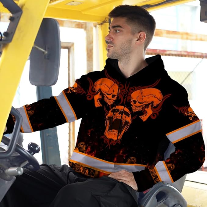 Matedecor Skull US Flag Reflective High Visibility Hoodie For Men Construction Hi Vis Safety Workwear Custom Name