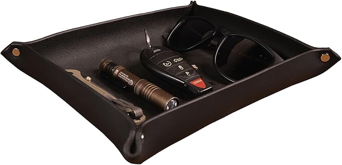 Valet Tray – Full-Grain Leather Catchall Organizer for Keys, Phone & Wallet – Rustic Nightstand & Desk Tray with Raised Sides – Handmade in USA (Black, Medium Rectangle)