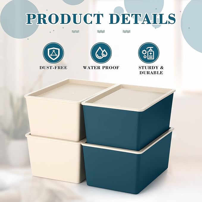 Menkxi 4 Pcs Storage Bins with Lids Plastic Stackable Containers for Organizing Shelves Christmas Ornament Box Baskets(Beige, Blue,Small)