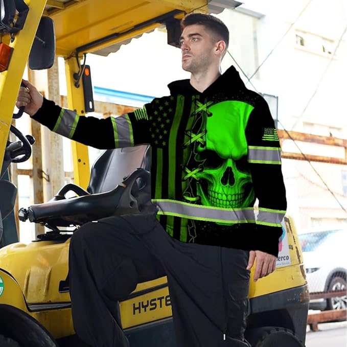 Matedecor Skull US Flag Reflective High Visibility Hoodie For Men Construction Hi Vis Safety Workwear Custom Name