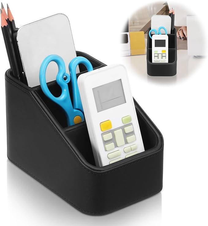 PU Remote Control Holder, Small Desk Organizer Office Supply Bedside Caddy for Nightstand End Table Remote Organizer with 3/4 Compartment (Black)(3 grids)