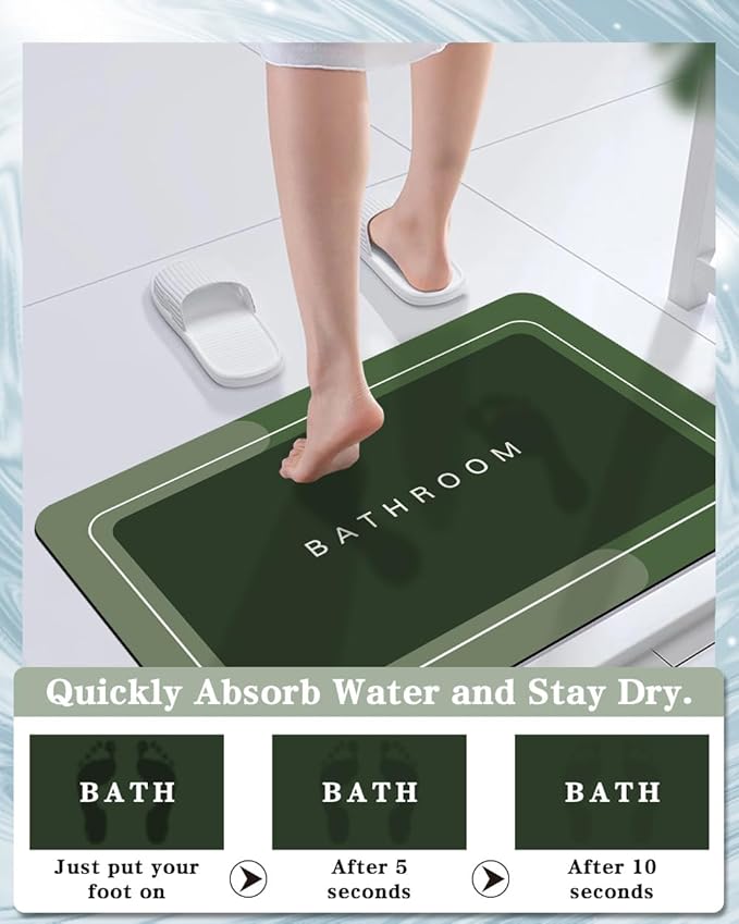 Bath Mat, Bathroom Mat Rugs Super Absorbent Shower Mats Non Slip Quick Dry Thin Rubber Mats for Bathroom Floor Fit Under Door, Shower Rug for Bathtub, Shower, Green