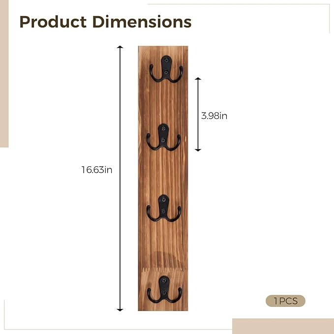 Key Holder Wall Mount, Solid Wood Organizer Shelf, Four Double Hooks, Vertical Entryway Storage for Keys, Mail, Leashes, Rustic Farmhouse Style Home Decor